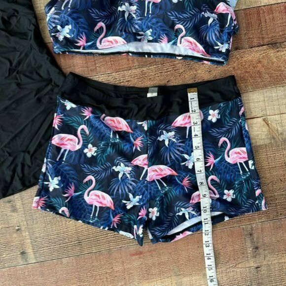 Yonique Black and blue flamingo print 3 piece swim suit top shorts bra L - Picture 5 of 9